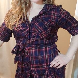 suzanne betro red & blue plaid flannel button-up cotton dress